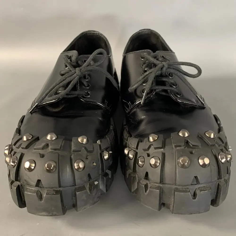 PRADA FW2019 Size 9 Black Gunmetal Studded Leather Cap Toe Lace Up Shoes